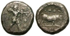 Ancient Coins - Lucania, Poseidonia. AR Nomos. Poseidon / Bull.