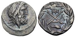 Ancient Coins - Achaean League, Dyme. AR Hemidrachm. Zeus / League Monogram.