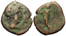 Ancient Coins - Bruttium, Rhegium. AE Tetras. The Dioscuri / Asklepios.