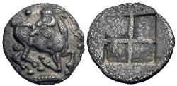 Ancient Coins - Macedonia, Aigai. AR Trihemiobol. Goat Kneeling.