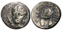 Ancient Coins - Thrace, Orthagoreia. AR Hemidrachm. Artemis / Macedonian Helmet.