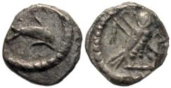 Ancient Coins - Phoenicia, Tyre. AR 1/24 Shekel. Dolphin / Owl.