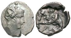 Ancient Coins - Calabria, Tarentum. AR Diobol. Athena / Herakles.