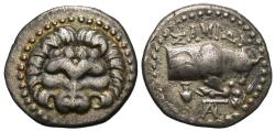 Ancient Coins - Ionian Islands, Samos. AR Drachm. Lion Scalp / Bull.