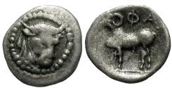Ancient Coins - Thessaly, Pharkadon. AR Hemiobol. Bull / Ram.