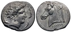Ancient Coins - Siculo-Punic, Entella. AR Tetradrachm. Arethusa / Horse's Head.