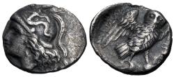Ancient Coins - Calabria, Tarentum. AR Drachm. Athena / Owl.