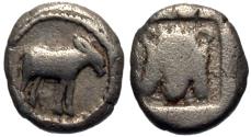 Ancient Coins - Macedon, Mende. AR Tritartemorion. Mule / Lion.