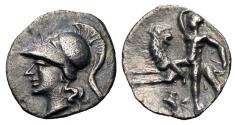 Ancient Coins - Calabria, Tarentum. AR Diobol. Athena / Herakles Battles Nemean Lion.