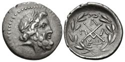 Ancient Coins - Achaean League, Pallantion. AR Triobol - Hemidrachm. Zeus / League Monogram.