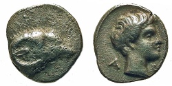 Ancient Coins - Caria, Halikarnassos. Hemiobol. Ram's Head / Head Of Youth. 