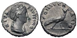 Ancient Coins - Diva Faustina Senior. AR Denarius. Peacock.