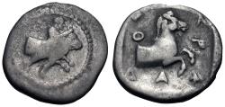 Ancient Coins - Thessaly, Pharkadon. AR Triobol. Youth Restrains Bull.