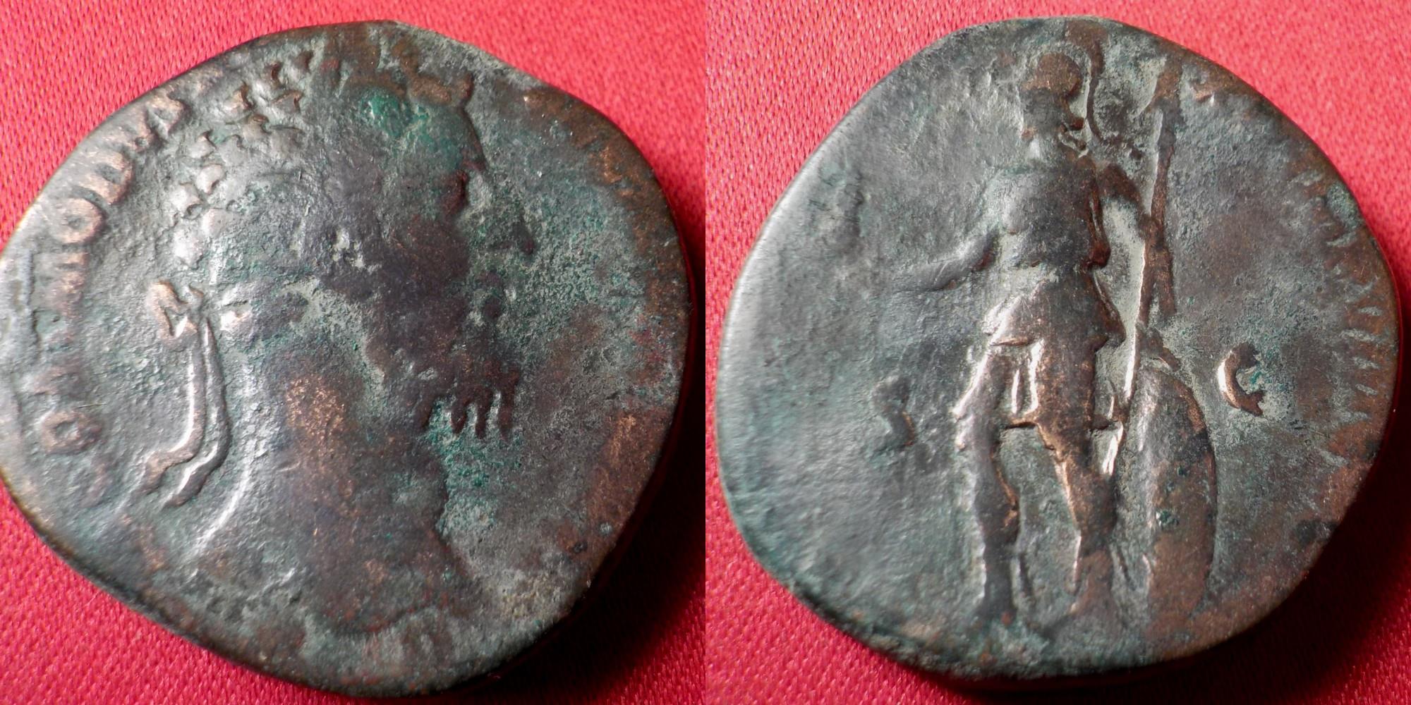 COMMODUS AE sestertius. Virtus standing, holding Victory, spear ...