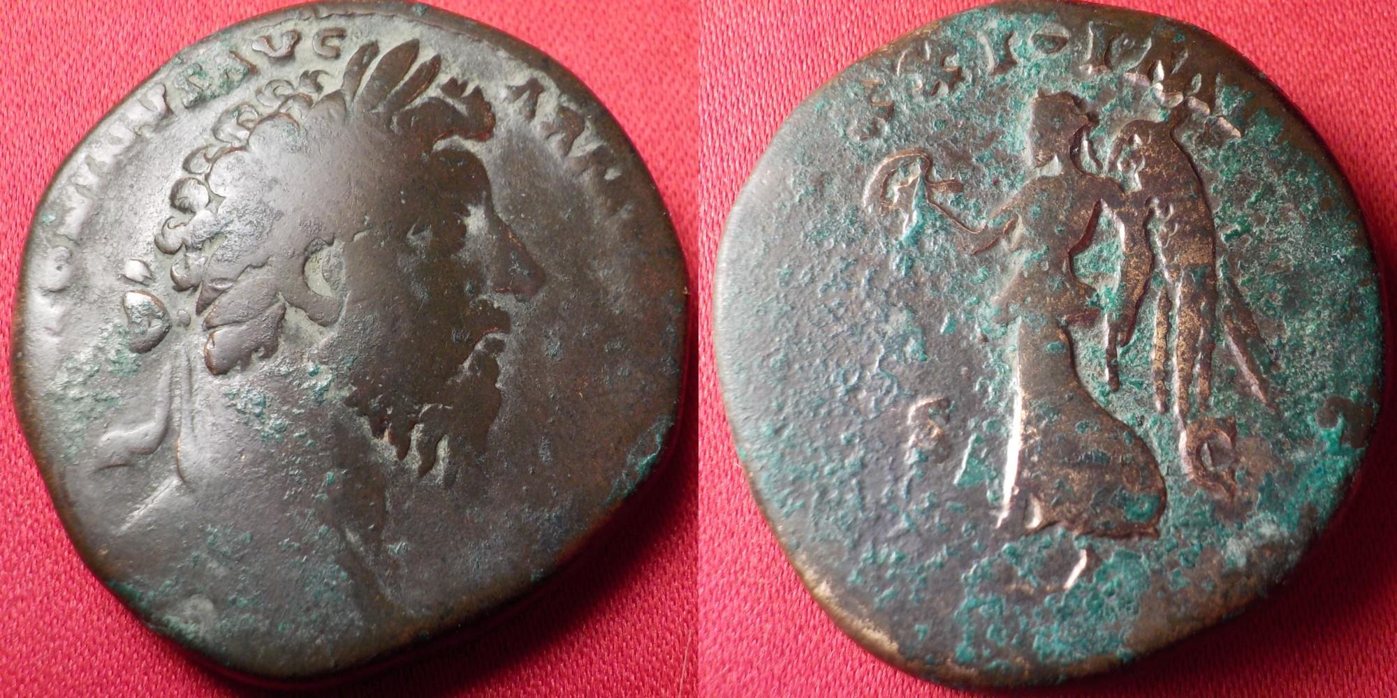 MARCUS AURELIUS AE sestertius. 166-168 AD. Victoria advancing left ...