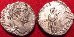 Ancient Coins - SEPTIMIUS SEVERUS AR silver denarius. Rome, 195-196 AD. Minerva standing, holding spear & round shield.