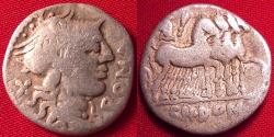 Ancient Coins - GNAEUS DOMITIUS AHENOBARBUS AR silver denarius. 116-115 BC. Helmeted Roma, Jupiter in quadriga.