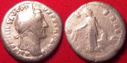 Ancient Coins - ANTONINUS PIUS AR silver denarius. COS IIII, Annona standing, modius on prow to right.