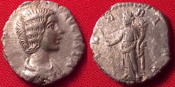 Ancient Coins - JULIA DOMNA AR silver denarius. Hilaritas standing left. Rome, 198-200 AD.