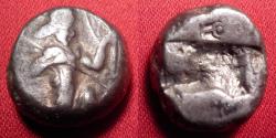 Ancient Coins - ACHAEMENID EMPIRE AR silver siglos, Kings of Persia, 450-330 BC. King with bow & spear, incuse punch. Interesting countermarks