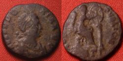 Ancient Coins - AELIA EUDOXIA AE4. Antioch mint. Victory seated, holding shield inscribed with Chi-Rho.