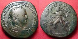 Ancient Coins - ELAGABALUS AE orichalcum sestertius. Rome, 220 AD. Sol advancing left, holding whip. Nice portrait