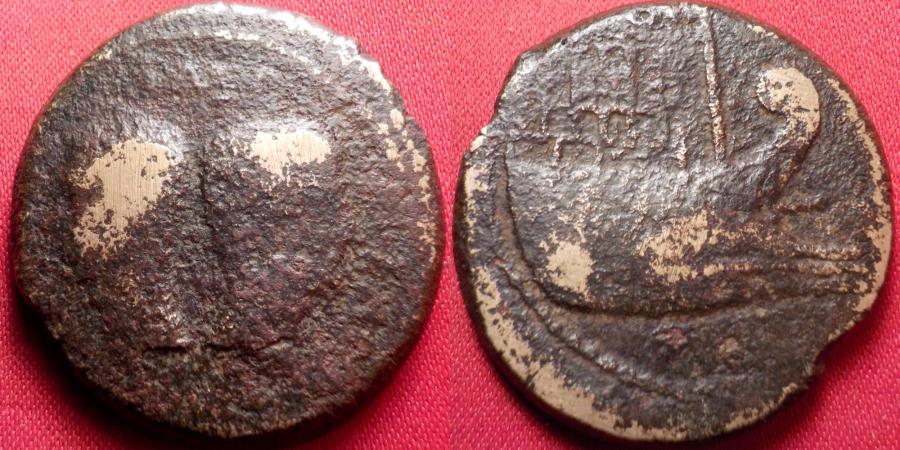 Ancient Coins - DIVUS JULIUS CAESAR & OCTAVIAN AE 'heavy dupondius'. Dual portrait issue. Prow of Galley on reverse. Struck at Colonia Viennensis, 36 BC.