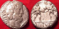 Ancient Coins - L TITURIUS L F SABINUS AR silver denarius. Bust of King Tatius, Abduction of the Sabine women. Scarce.