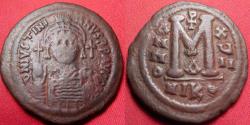 Ancient Coins - JUSTINIAN THE GREAT AE large follis. 544-545 AD, Nikomedia. Large M, Chi-ro (Christogram) above.