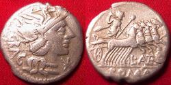 Ancient Coins - L ANTESTIUS GRAGULUS AR silver denarius. Helmeted Roma, Jupiter in quadriga. 136 BC.