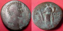 Ancient Coins - MARCUS AURELIUS CAESAR AE sestertius. Rome, 145 AD. Hilaritas standing, holding long palm & cornucopia