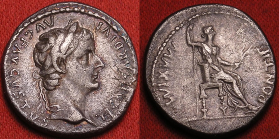 TIBERIUS AR silver denarius. PONTIF MAXIM, Livia, as Pax, seated right