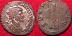 Ancient Coins - QUINTILLUS AE silvered antoninianus. Securitas standing, leaning on column & holding scepter.