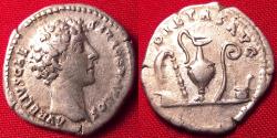 Ancient Coins - MARCUS AURELIUS CAESAR AR silver denarius. PIETAS AVG, five sacrificial implements.