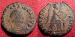 Ancient Coins - AELIA EUDOXIA AE4. Antioch mint. Victory seated, holding shield inscribed with chi-ro.