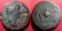 Ancient Coins - MARCUS AURELIUS CAESAR AE orichalcum dupondius. Rome, 142 AD. PIETAS AVG, four sacrificial implements.