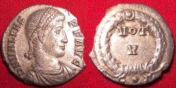 Ancient Coins - VALENS AR silver siliqua. Constantinople. Vows in wreath.