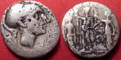 Ancient Coins - GNAEUS CORNELIUS BLASIO AR silver denarius. Bust of Scipio Africanus or Mars. The Capitoline Triad, Juno, Minerva, & Jupiter. Scarce.