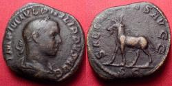 Ancient Coins - PHILIP II AUGUSTUS AE sestertius. SAECVLARES AVGG, Secular games commemorative, moose or goat advancing left.