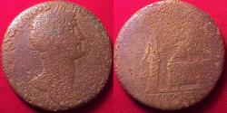 Ancient Coins - HADRIAN AE sestertius. Rome, 119-121 AD. LIBERTAS RESTITUTA, Platform scene, solo Emperor, woman with children below. Very Rare