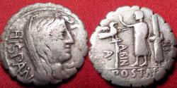Ancient Coins - AULUS POSTUMIUS ALBINUS serratus denarius. 81 BC. Veiled Hispania / Togate figure standing, with fasces & legionary eagle