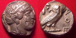 Ancient Coins - ATHENS AR silver tetradrachm. Helmeted head of Athena, Owl on reverse.