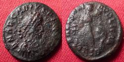 Ancient Coins - ARCADIUS AE4. Constantinople. SALVS REIPVBLICAE, Victory dragging captive, Chi-ro in left field