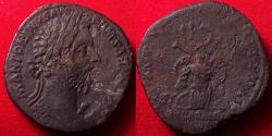 Ancient Coins - MARCUS AURELIUS AE sestertius. DE SARMATIS, pile of German arms & trophy. Scarce.