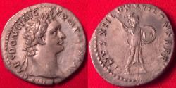 Ancient Coins - DOMITIAN AR silver denarius. Minerva advancing, holding thunderbolt & shield. 92-93 AD.