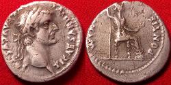 Ancient Coins - TIBERIUS AR silver denarius. PONTIF MAXIM, Livia, as Pax, seated right.