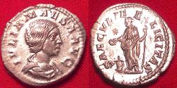 Ancient Coins - JULIA MAESA AR silver denarius. Saeculi Felicitas, Felicitas sacrificing over altar