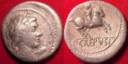 Ancient Coins - P CREPUSIUS AR silver denarius. 82 BC. Horseman riding right, brandishing spear.