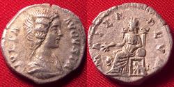 Ancient Coins - JULIA DOMNA AR silver denarius. Cybele enthroned, between two lions. MATER DEUM.