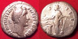 Ancient Coins - ANTONINUS PIUS AR silver denarius. COS IIII, Salus standing, serpent entwined around altar to left